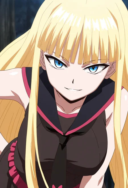 masterpiece, best quality, solo, curvy, beautiful eyes, aged up, large breasts, 1girl, solo, smile, looking at viewer,   zzEva, blue eyes, blunt bangs, blonde hair, long hair, very long hair,   sleeveless shirt, sailor collar, necktie, (tsurime),  <lora:EvangelineNegmiaOVA_IXL:1.0>,     from above, upper body (leaning forward, close up), smile, looking at viewer, shiny skin,