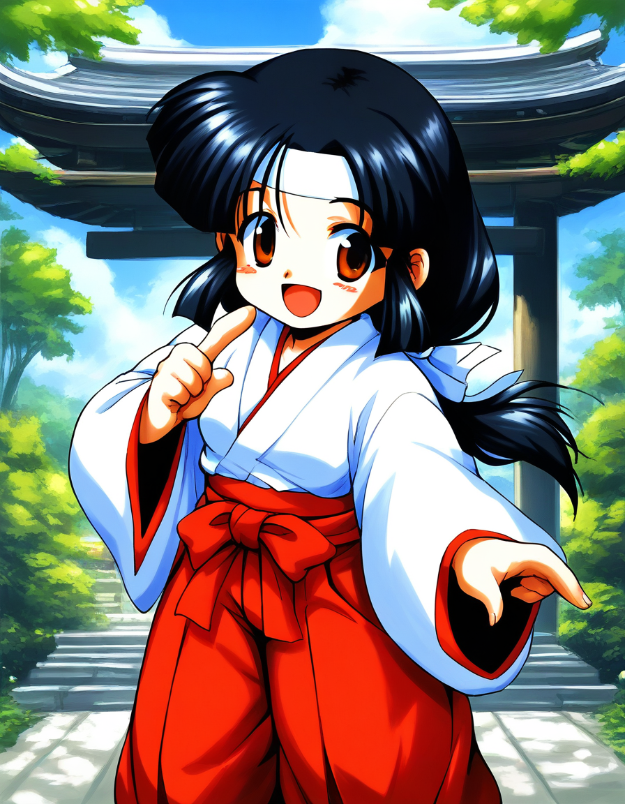 score_9, score_8_up, score_7_up, source_anime, rating_explicit, BREAK  <lora:Sayo-chan_TsukiyoSoushi_XL:0.9> Sayo-chan_TsukiyoSoushi, long hair, black hair, white headband, brown eyes, low-tied long hair, parted bangs, short stack,
japanese clothes, solo, ofuda, open mouth, red hakama, hakama,  wide sleeves, skirt, long sleeves, 
looking at viewer, smile,
scenery, outdoors, architecture, east asian architecture, sky