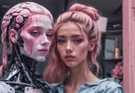 Plan américain sur une belle cyborg humanoïde à l'allure élancée et aux cheveux blond courts. Dans sa main une rose rouge vive. Le décor est post-apocalyptique glacial. Un halo de lumière douce éclaire la cyborg et la rose.