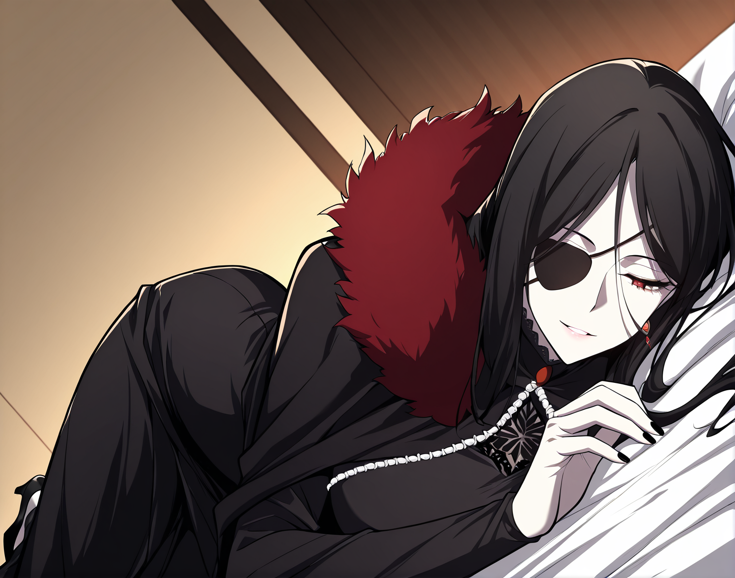 <lora:Hailey_Orga:1>
1 girl, solo, red eyes, black hair, long hair, hair between eyes, pale skin, large breasts
black dress, bridal gauntlets, cape, earrings, eyepatch, fur trim, black nails, black fingerless gloves, high heels, pantyhose, single glove
score_9, score_8_up, score_7_up, source anime, masterpiece, best quality, 1girl, anime coloring, hetero, lying on side, half-closed eyes, light smile, parted lips, bedsheet, dutch angle, hotel room background