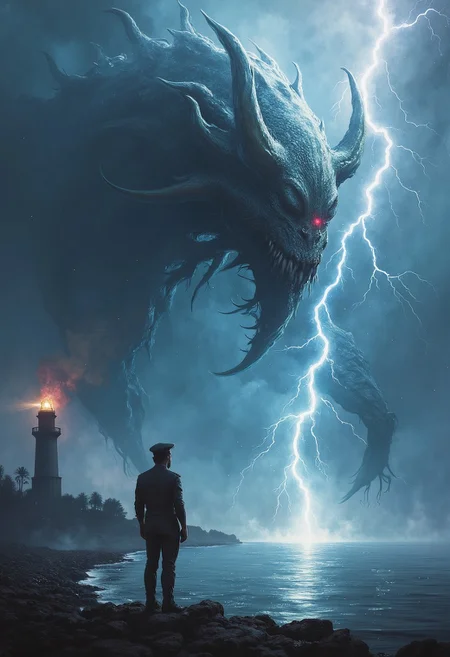 dark night cinematic giant kraken whith human body kraken head with a lot of big tentacles and extra large wings cthulhu shadow. rising of the ocean, a flash of lightning illuminates the scene, a sailor figure, almost tiny in size smile crazy, is standing still on the edge of the beach looking at the ocean. in the left corner of the scene is a lighthouse on an island in the ocean. dark atmosphere. terror and horror feeling.