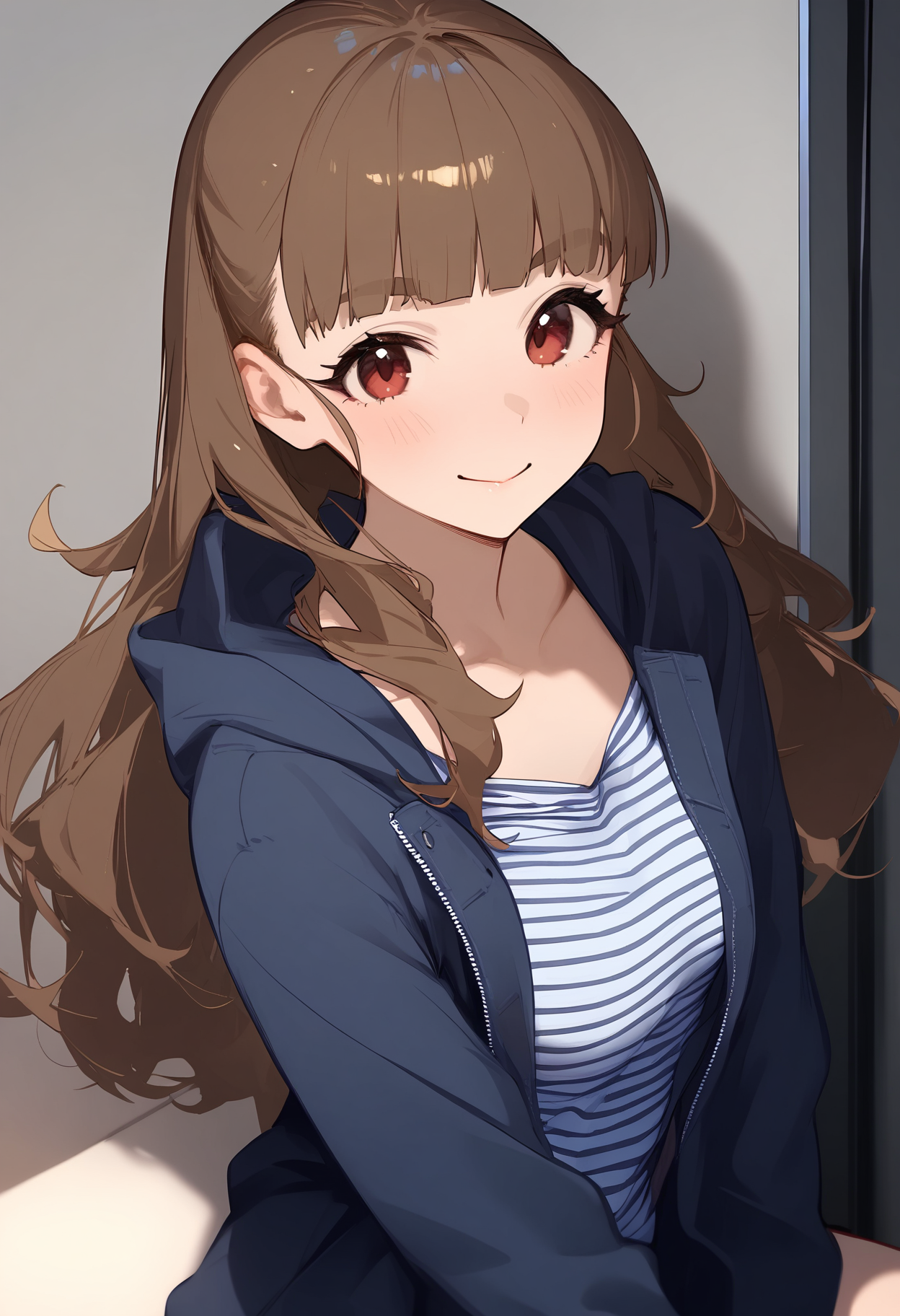 1girl,blush,collarbone,kamiya nao,looking at viewer,solo,blue jacket,long sleeves,open jacket,striped clothes,striped shirt,upper body,closed mouth,smile,hood down,hooded jacket,open mouth,<lora:a31_char_new_kamiya_nao-000026:1>masterpiece, best quality, absurdres<lora:a31_style_koni-000010:0.8>