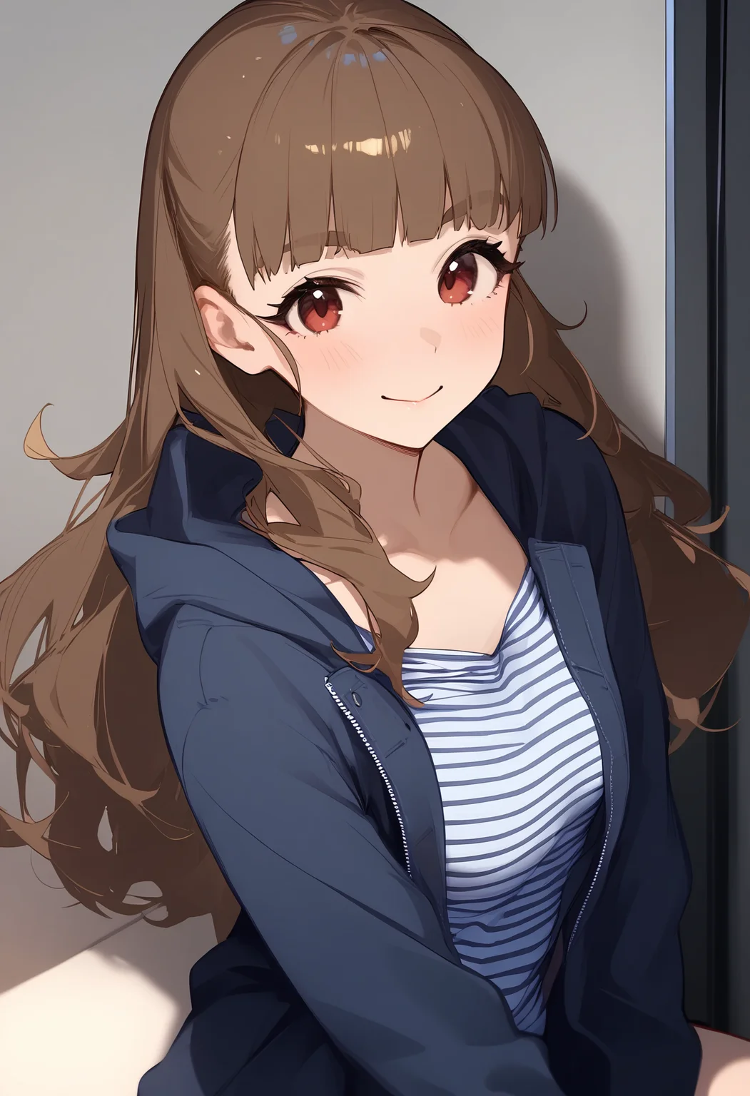 1girl,blush,collarbone,kamiya nao,looking at viewer,solo,blue jacket,long sleeves,open jacket,striped clothes,striped shirt,upper body,closed mouth,smile,hood down,hooded jacket,open mouth,<lora:a31_char_new_kamiya_nao-000026:1>masterpiece, best quality, absurdres<lora:a31_style_koni-000010:0.8>