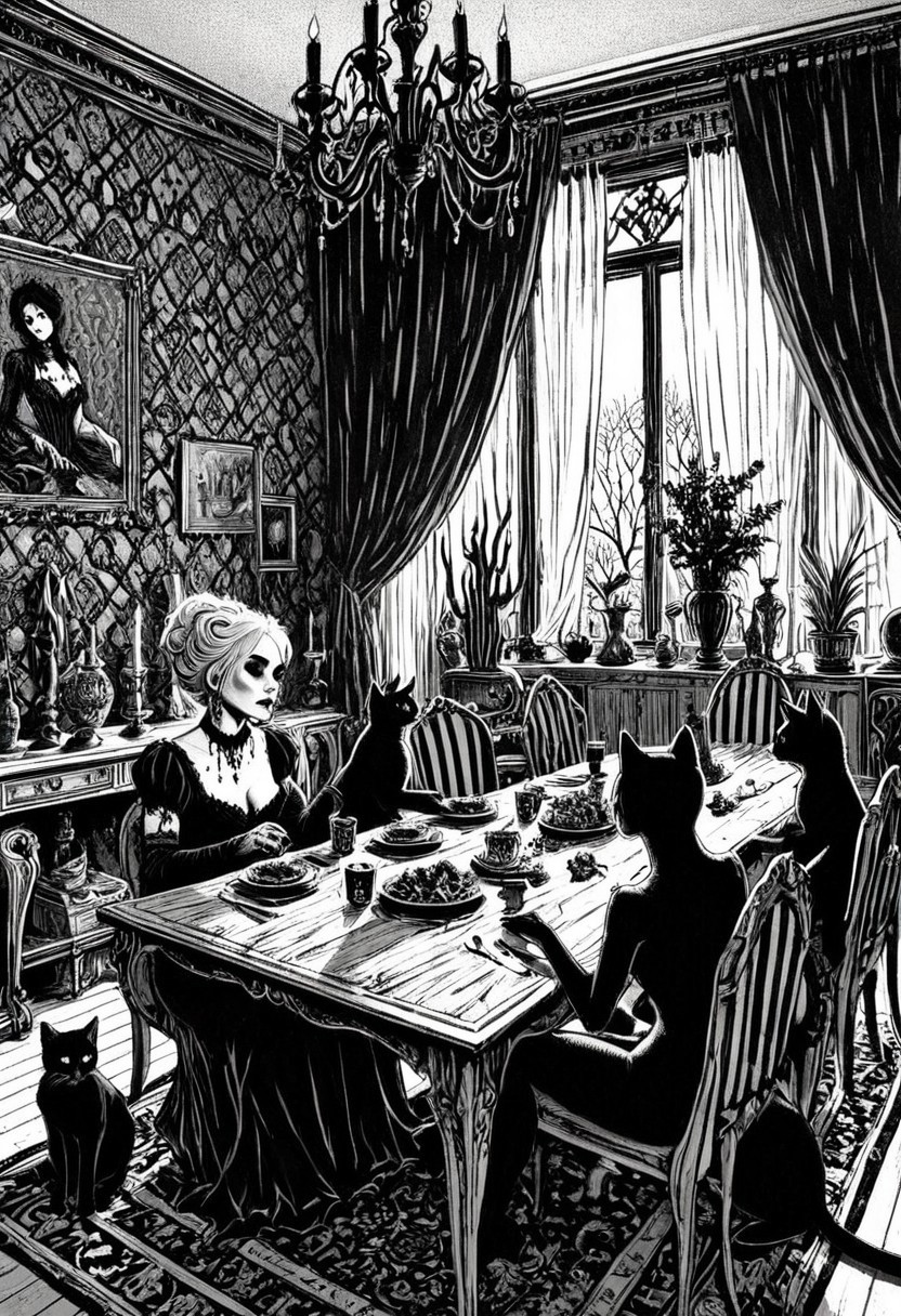 drawing, gothic, digital illustration, flat colors, line art, heavy film grain, black and white, old goth woman in her luxurious dining room with her many cats,  sexy, creative angle, sexy poses