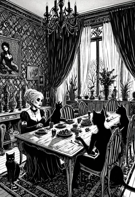 drawing, gothic, digital illustration, flat colors, line art, heavy film grain, black and white, old goth woman in her luxurious dining room with her many cats,  sexy, creative angle, sexy poses
