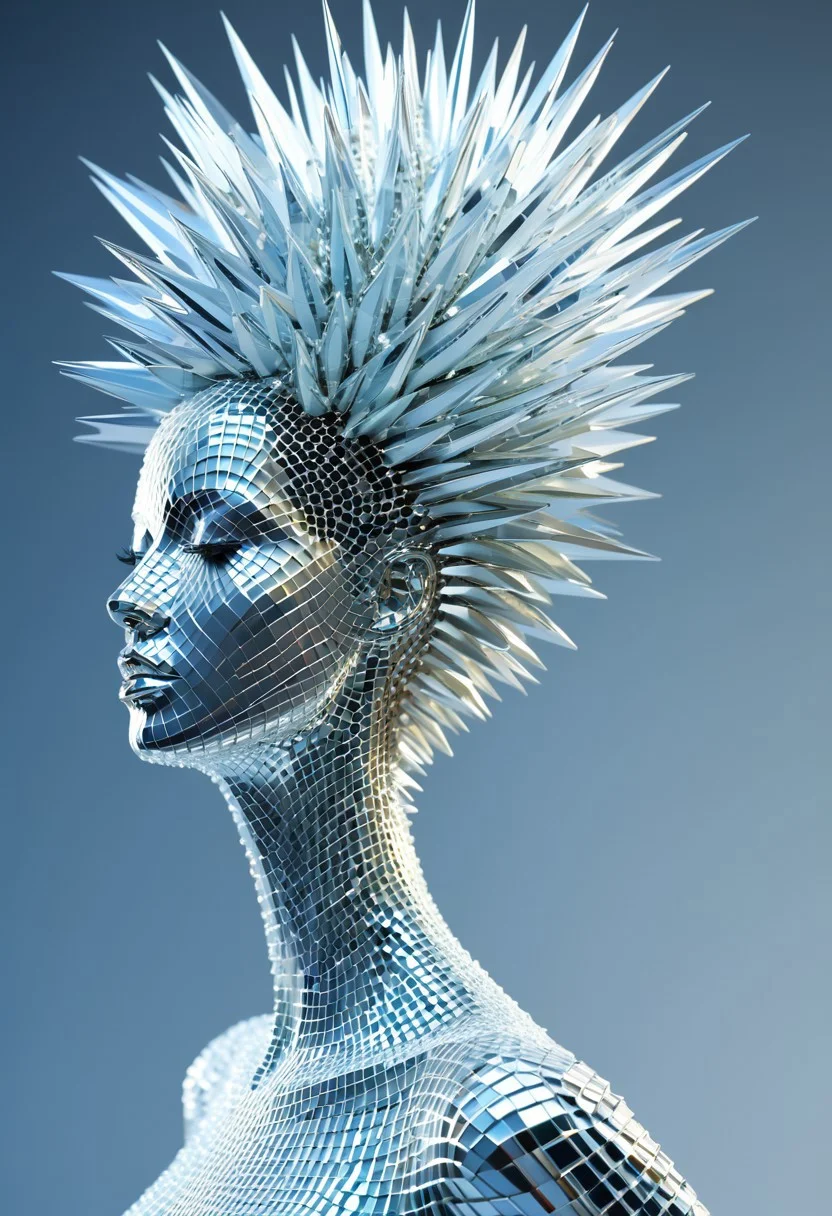Woman in the style of made of crystals, extruded design, sharp/prickly, vray, pulsating rhythm, silver, dynamic figure studies
