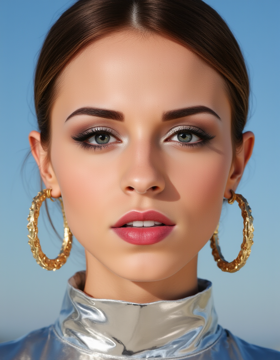 A hyper-detailed, avant-garde photograph featuring a striking woman with pale light skin against a clear, light blue sky. Her full-face close-up highlights the smooth texture of her flawless complexion. Shimmering metallic eyeshadow enhances the depth of her piercing gaze, while her glossy, deep red lips create a bold contrast to her skin. Large, intricately detailed golden hoop earrings reflect light, contributing to her modern allure. She wears metallic urban Buddhist monk clothing, with a turtle neck that enhances her avant-garde look. The reflective surfaces of her earrings and outfit create a dynamic interplay with the environment, emphasizing her sleek presence. The minimalist background allows the viewer to focus on her eye-catching fashion and makeup. Captured with a Sony A7R IV camera and a 50mm f/1.2 G Master lens for a beauty editorial shoot, this composition highlights her fashion-forward aesthetic. Inspired by avant-garde fashion photography from Sølve Sundsbø, this image blends contemporary fashion and minimalist elegance, embodying mythp0rt and niji_flux styles for a sleek, high-fashion vision. ((glow_skin, iridescent skin, oily skin, portrait)).