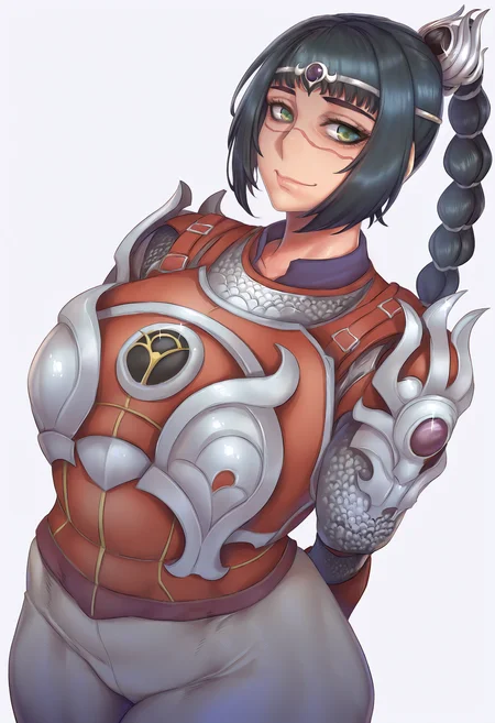 momofuki rio, best quality, amazing quality, very aesthetic, absurdres,
1girl, solo, shadowheart, black hair, braided ponytail, green eyes, scar on face, circlet, armor, large breasts, pants,
arms behind back, smile, looking at viewer, simple background, white background, <lora:MomofukiRioIllustriousLocon_byKonan:1>, <lora:ShadowHeartIllustrious_byKonan:1>