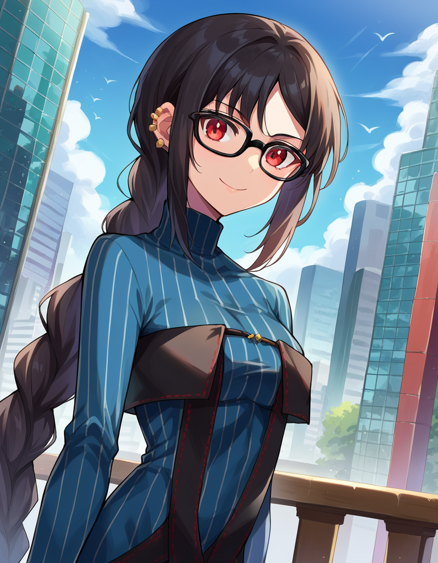 score_9, score_8_up, score_7_up, source_anime,
yumeiren, <lora:yu-mei-ren-ponyxl-lora-nochekaiser:1>,
yu mei ren, black hair, long hair, red eyes,
black-framed eyewear, blue dress, braid, dress, ear piercing, glasses, piercing, single braid, striped, striped dress, vertical stripes, vertical-striped dress, turtleneck, sweater, blue sweater,
outdoors, cityscape, smile,
looking at viewer, dutch angle, cowboy shot,
