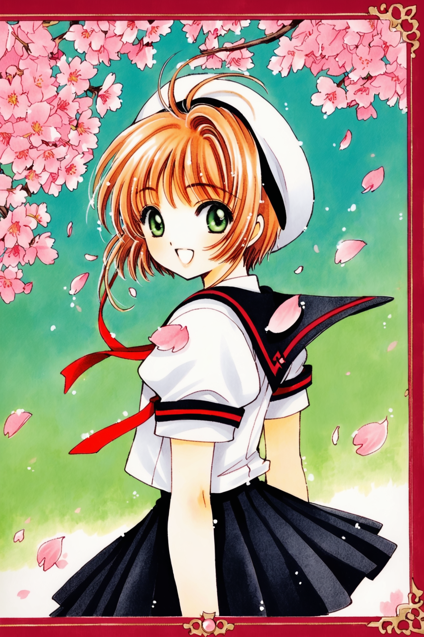 Card Captor Sakura,
1girl,kinomoto sakura,solo,tomoeda elementary school uniform,green eyes,brown hair,skirt,school uniform,open mouth,hat,short sleeves,short hair,looking at viewer,smile,petals,puffy sleeves,black skirt,puffy short sleeves,antenna hair,white headwear,looking back,cherry blossoms,sailor collar,:d,white shirt,shirt,bangs,arms behind back,traditional media,
<lora:super lora_flyx3_XL_V2:0.8>,