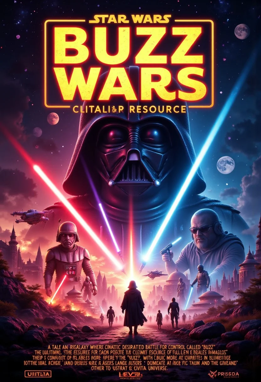 Design a cinematic poster in the iconic style of Star Wars, with a vast starry background and the classic opening crawler text. At the top, the bold title reads "BUZZ WARS" in glowing, futuristic letters. At the bottom a short story in yellow glowing letters about "A chaotic galaxy where Civitai users battle for control of a mysterious power called 'BUZZ'.". In the Second line: "The ULTIMATE resource for generating endless images.". In the third line: "A tale of rival factions, each desperate to claim more 'BUZZ' to fuel their creativity,". In the fourth line: "their conflict has spread across the galaxy.". In the fifth line: "With epic space battles and duels fought in digital landscapes, as users harness AI tools to outsmart each other and dominate the Civitai universe". The poster should feature dynamic artwork of space battles, futuristic cities in ruins, and characters wielding digital tools like lightsabers, while volumetric light and shadows create an epic atmosphere. Include starship designs and planets as part of the visual appeal. Use vibrant, high-contrast colors and dramatic lighting to evoke the feel of an epic sci-fi saga.