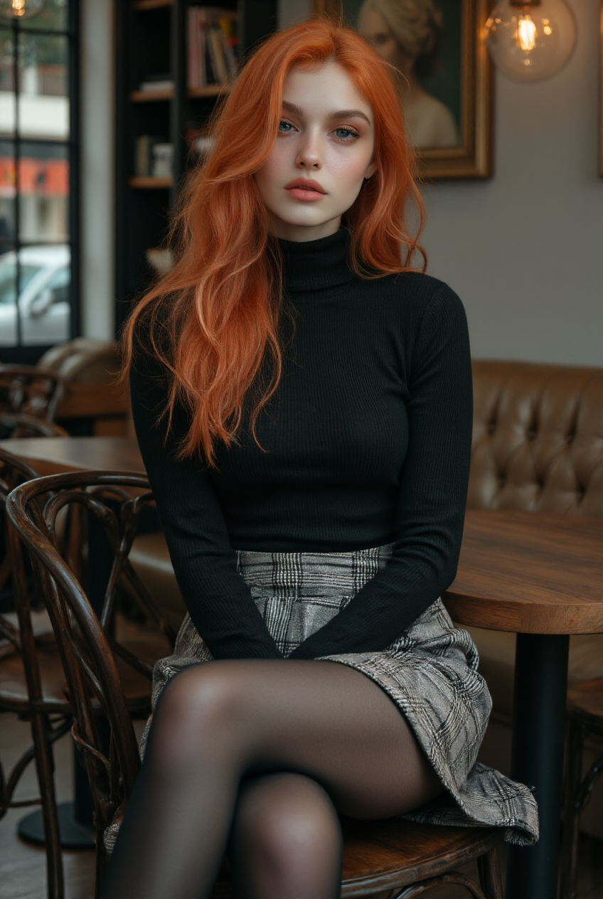 a woman (Aliciaw90) with long ginger hair and sparkling grey eyes sits in a cafe, black turtleneck jumper, houdstooth skirt, black pantyhose,  <lora:midjourney_whisper_flux_lora_v01:1>,  <lora:lora:1>,  <lora:Aliciaw90:1>