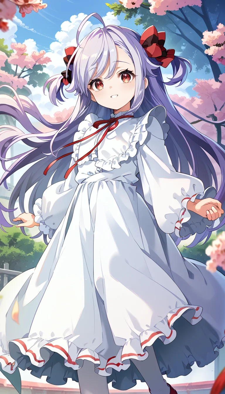 score_9,score_8_up,score_7_up,
official art,official style,game cg,megami magazine,
1girl,solo,
niizuma yae,
pink eyes,red eyes,purple hair,grey hair,long hair,very long hair,two side up,
red bow,red ribbon,hair bow,ahoge,bangs,bow,
dress,ribbon,frilled shirt,frilled skirt,frilled sleeves,frills,long skirt,long sleeves,
neck ribbon,red footwear,white dress,white pantyhose,white shirt,white skirt,
<lora:niizuma_yae_pony_v1:1>,