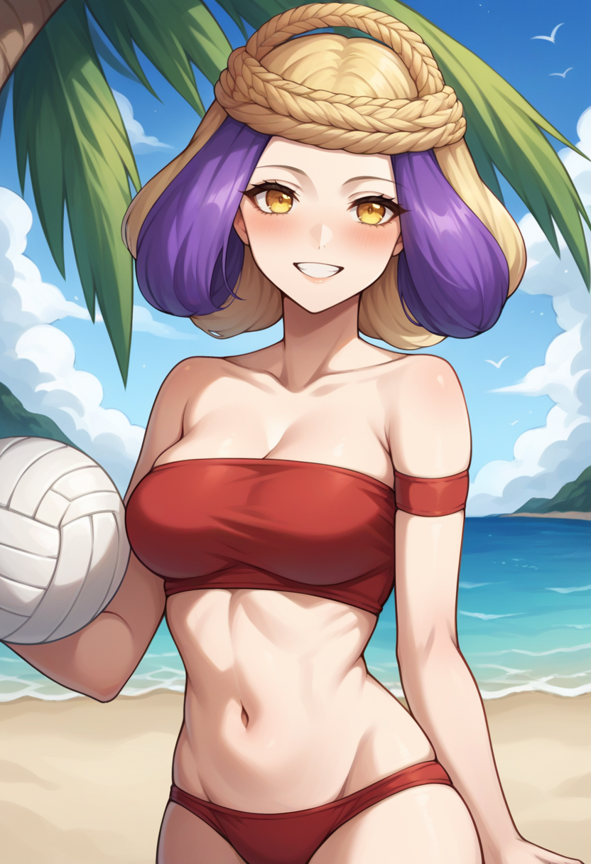score_9, score_8_up, score_7_up, source_anime BREAK 1girl, solo,
<lora:zs_LachesisXL:1> lachesissmt, purple hair, blonde hair, multicolored hair, braid, yellow eyes, 
beach, red bikini, bandeau bikini, blue sky, blush, smile, standing, holding volleyball
