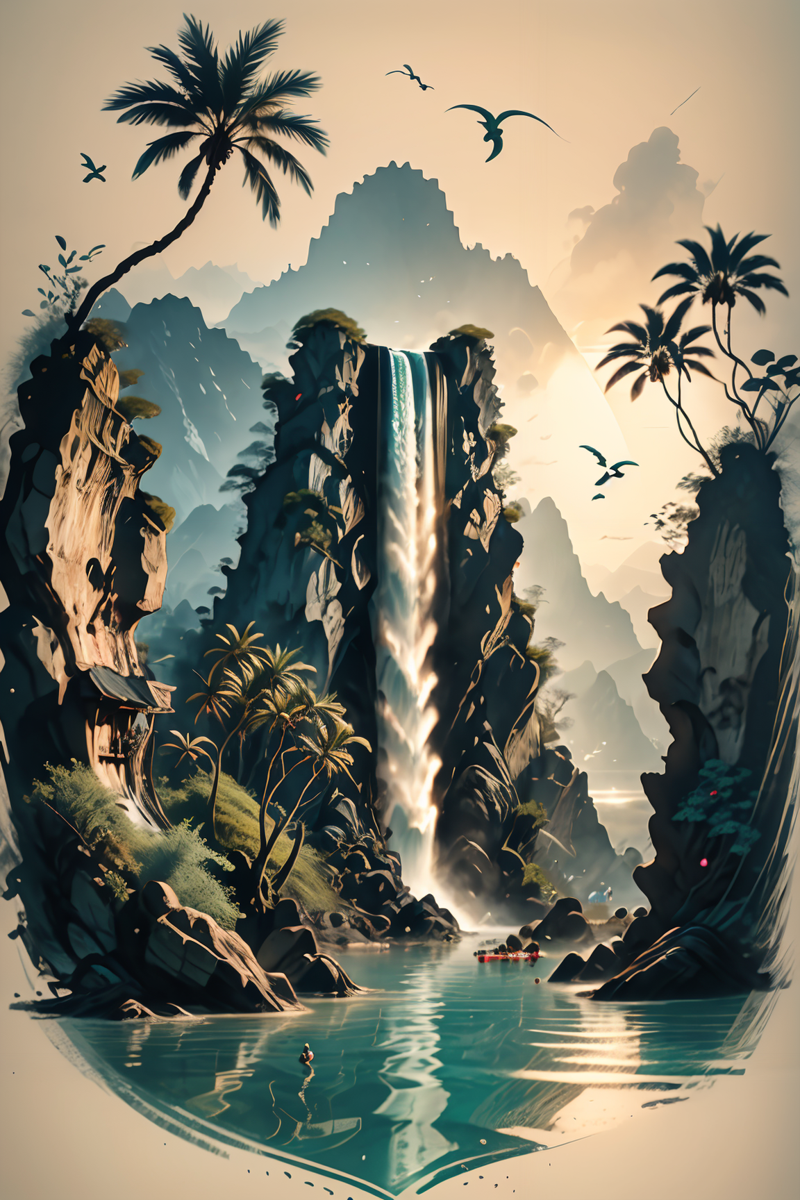 <lora:Calligraphy-ink-style-darquelilly-v1:1> calligraphyinkstyle,a blue lagoon, palm trees and white lilies, in the center is a huge waterfall as a cave entrance, crystal clear sea water, peacful atmosphere, volumetric lighting, <lora:dAIversity-LoRAtest-Photoreal-SD15-01:0.7>