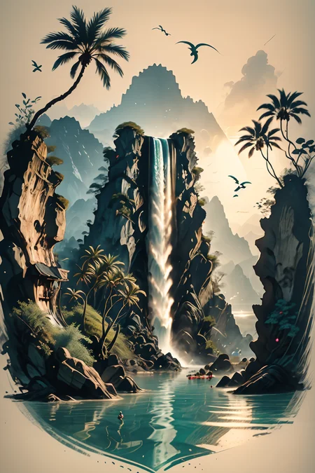 <lora:Calligraphy-ink-style-darquelilly-v1:1> calligraphyinkstyle,a blue lagoon, palm trees and white lilies, in the center is a huge waterfall as a cave entrance, crystal clear sea water, peacful atmosphere, volumetric lighting, <lora:dAIversity-LoRAtest-Photoreal-SD15-01:0.7>