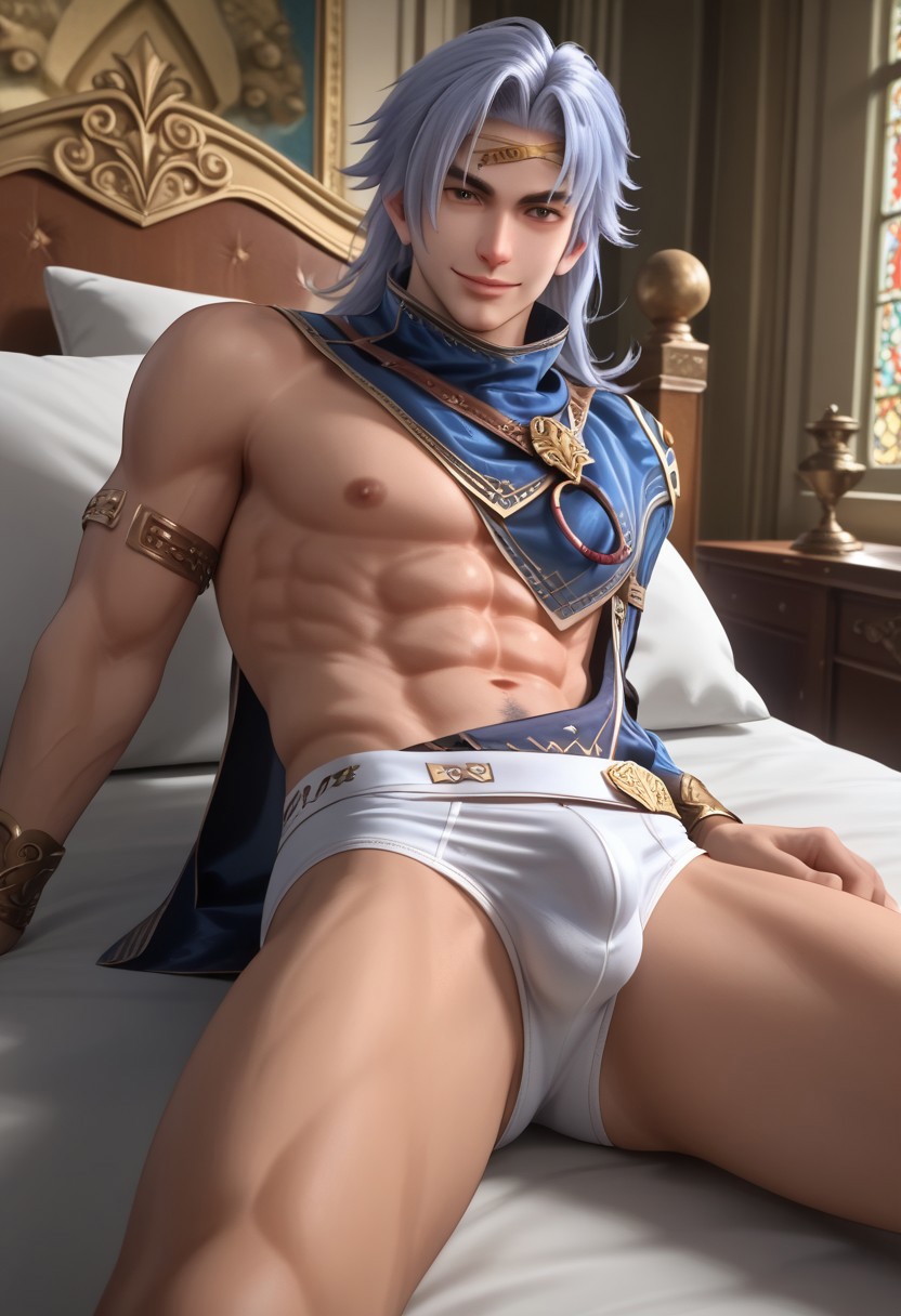 score_9, score_8_up, score_7_up, 1 man, adult, solo, male focus, LanGe, LanGe_silver-blue-hair, LanGe_long-medium-wavy-hair, LanGe_dark-eyebrows, LanGe_gray-eyes, LanGe_asian-shaped-eyes, LanGe_golden-head-ornament, dynamic angle, looking at viewer, male model laying on bed, leaning back, nude, bare shoulder, pillows, slim muscular, gay, homoerotic, confident, sexy, half smile, abs, pecs, nipples, v-line, tight underwear, small underwear, bulge, pubic hair, relaxed and carefree vibe, indoors, bedroom, palace, elegant atmosphere, high quality, realistic, hd render,