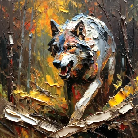 impasto attacking wolf, close-up in the background of a dark forest
<lora:impasto:1>
