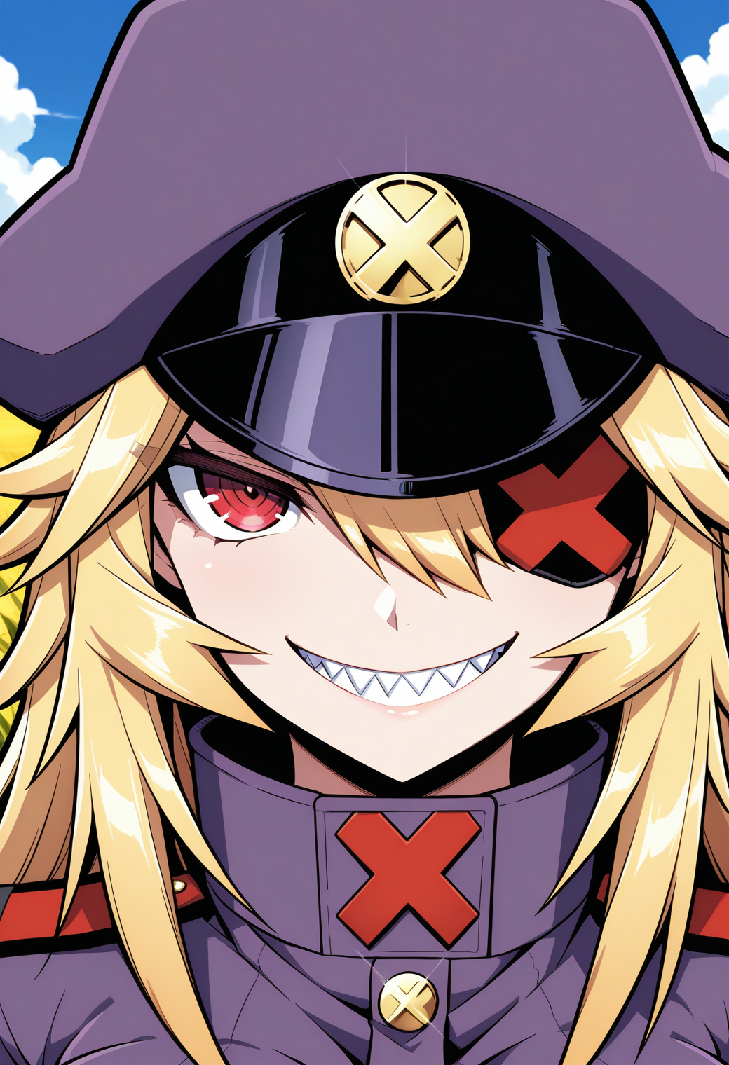 blackgeneral-san, red eyes, eyepatch, blonde hair, long hair, peaked cap, purple cap, military uniform, military, long sleeves, <lora:blackgeneral-san_illustrious_ver1:0.8> 
1girl, solo, (field:1.2), (blue sky:1.2), looking at viewer, smile, sharp teeth,, masterpiece, best quality, general,, (upper body:1.2), (close-up:1.2), (facing viewer:1.2), (open eyes:1.4), (portrait:1.2)