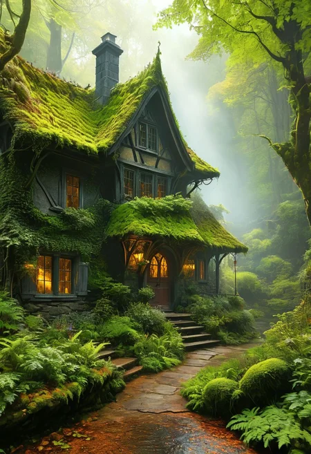 Create a magical scene featuring an enchanting, fairy-tale cottage nestled in a lush, ancient forest. The cottage should have intricate gothic architecture with pointed spires and a slate roof, its windows glowing warmly from the light inside. The forest is dense with towering trees, their trunks covered in moss and ferns. Sunlight filters through the thick canopy, casting ethereal beams of light that illuminate the misty air and create a mystical atmosphere. 