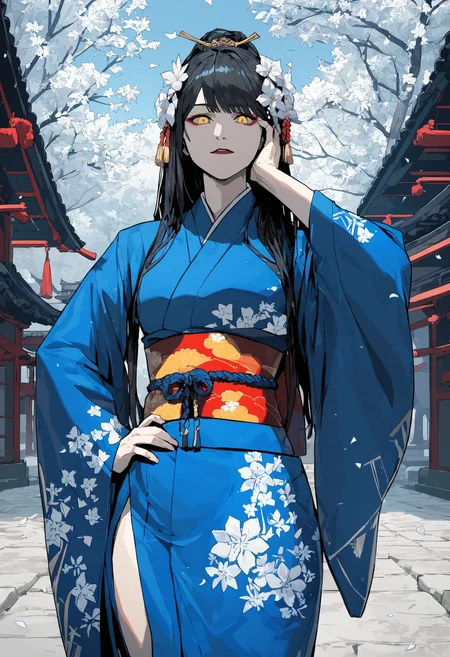 score_9, score_8_up, score_7_up,
spring, japanese castle, detailed background, city,
solo, 1girl, milf, black hair, yellow eyes, pale skin, medium breasts, red lipstick, mascara, long hair, hime bangs, hair ornament,
blue kimono, japanese clothes, japanese white belt, white flower print,
cowboy shot, hand on face, hand on hips, good hands, contempt face,
<lora:Gogalking_-_style:0.8>, gogalking,