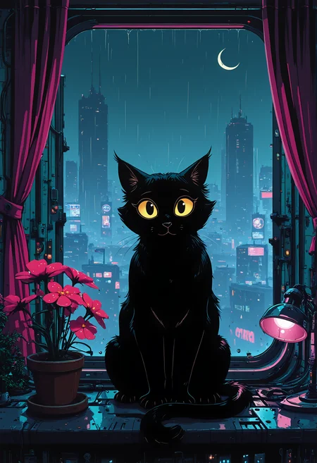 cybernetic cat, animal focus, solo, sitting, sitting at window still, curled tail, looking back at viewer, window, raindrops, flower pot, curtains, lamp, futuristic, modern, cozy atmosphere, night, city, skyscrapers, penthouse, crescent moon, anime screencap, painterly, volumetric lighting, no line art, no outline, photo (medium), fine art, masterpiece, best quality, good quality, very awa, very aesthetic, absurdres, newest, 8k, high contrast, in the style of cknc,