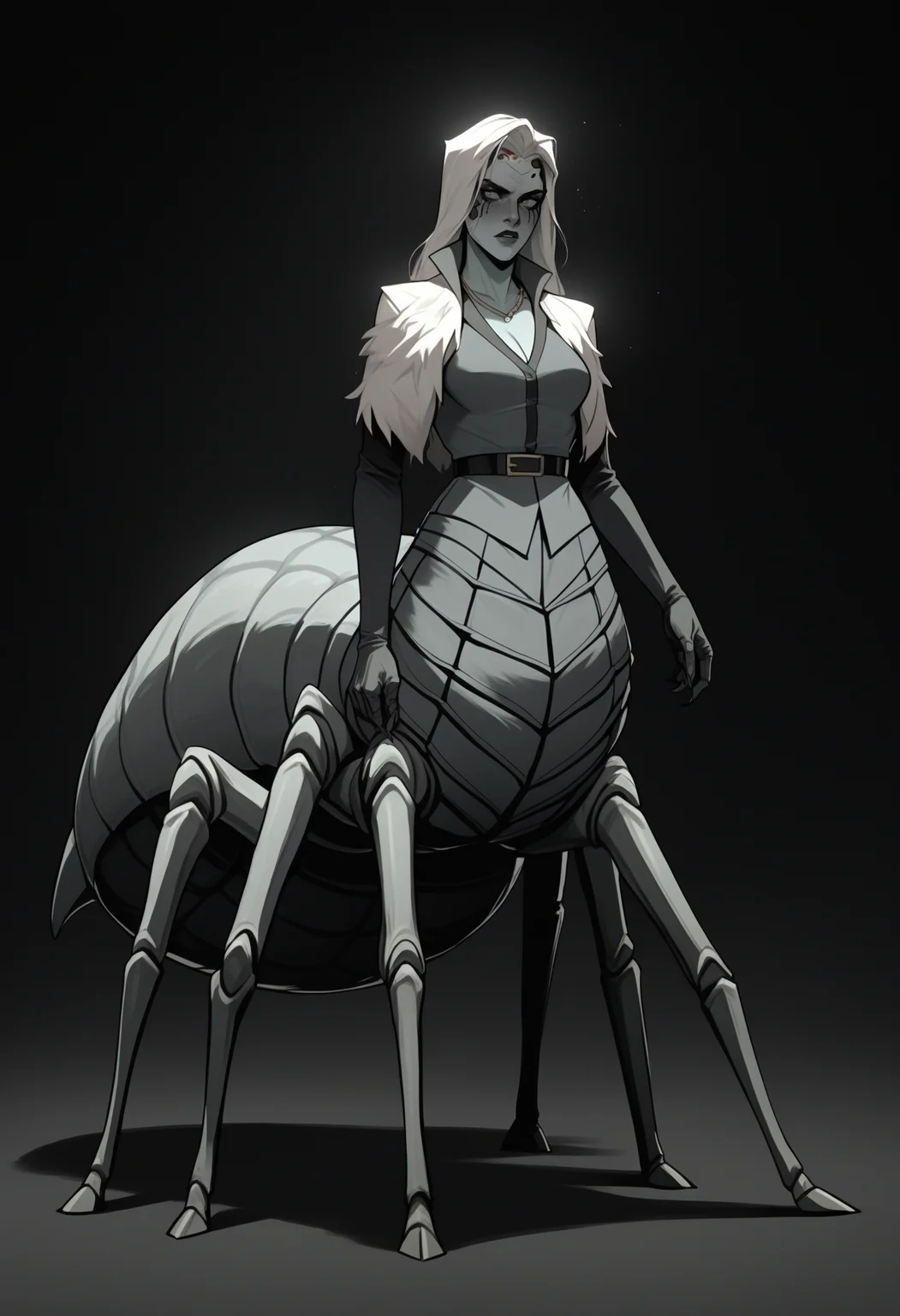 digital painting, all the other Pony quality tags, check the prompts! score_9, score_8_up, score_7_up, score_6_up, score_5_up, score_4_up,
<lora:VoxMachina:1> v0x,
1girl, solo, breasts, medium breasts, full body, monochrome, greyscale, gradient background, black background, arthropod girl, taur, spider girl, arachne