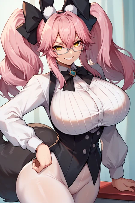 score_9, score_8_up, score_7_up
ultra_detailed, 16K, highres, ultra_quality, masterpiece, beautiful
koyanrab, grin, sadism, black bow, coattails, collared shirt, fox tail, glasses, hair between eyes, large breasts, long hair, long sleeves, pink hair, rabbit ears, sidelocks, sleeveless waistcoat, twintails, underbust, white pantyhose, white shirt, yellow eyes, huge breasts, hand on own hip, upper body
<lora:ponkotsu:0.3> <lora:kunaboto:0.3>  <lora:koyan-16:1>