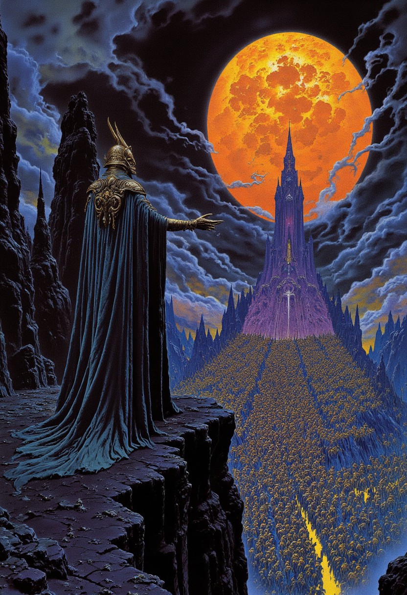 Morgoth stands on the edge of a jagged cliff, his massive,shiny armored form and horned helmet silhouetted against a fiery, glowing horizon. From an over-the-shoulder view, the scene captures the dark lord gazing upon his endless army marching in perfect formation across a desolate, ominous landscape. The eerie atmosphere is heightened by vibrant, glowing colors that clash with deep shadows,under  giant eerie sun, creating a chiaroscuro effect that emphasizes the contrast between light and darkness. The epic scale of the scene is infused with mystery and menace, embodying the dark fantasy essence of Lord of the Rings,reflections,crowd, best quality, masterpiece,detailed,dramatic,over the shoulder view,from behind,(close-up:1.5), main focus on Morgoth, asymmetrical compsition, depth of field, forced perspective,traditional media,frank frazetta,nicola samori,gustave dore, J. r. r. tolkien,
best quality,masterpiece,Directional Lighting,
Tempera, Asymmetry, Solarized,intricate, highly detailed, high contrast, strong shadows, dry brush, oil on canvas,colorful,cyan,electric purple,chrysolite