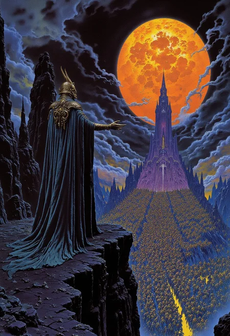 Morgoth stands on the edge of a jagged cliff, his massive,shiny armored form and horned helmet silhouetted against a fiery, glowing horizon. From an over-the-shoulder view, the scene captures the dark lord gazing upon his endless army marching in perfect formation across a desolate, ominous landscape. The eerie atmosphere is heightened by vibrant, glowing colors that clash with deep shadows,under  giant eerie sun, creating a chiaroscuro effect that emphasizes the contrast between light and darkness. The epic scale of the scene is infused with mystery and menace, embodying the dark fantasy essence of Lord of the Rings,reflections,crowd, best quality, masterpiece,detailed,dramatic,over the shoulder view,from behind,(close-up:1.5), main focus on Morgoth, asymmetrical compsition, depth of field, forced perspective,traditional media,frank frazetta,nicola samori,gustave dore, J. r. r. tolkien,
best quality,masterpiece,Directional Lighting,
Tempera, Asymmetry, Solarized,intricate, highly detailed, high contrast, strong shadows, dry brush, oil on canvas,colorful,cyan,electric purple,chrysolite