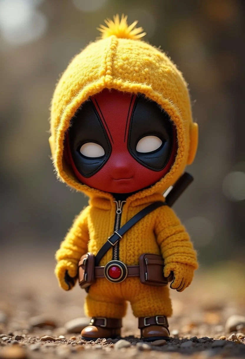 A baby yellow chick as deadpool