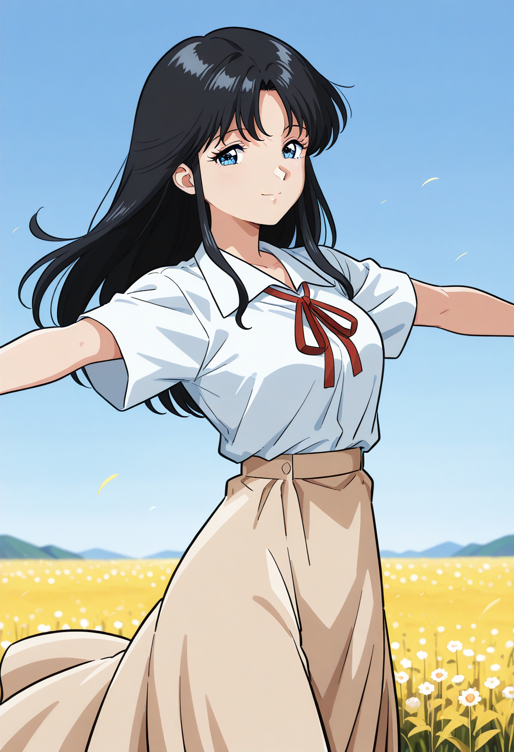 sr5_aya, retro artstyle, blue eyes, black hair, long hair, sidelocks, neck ribbon, white shirt, collared shirt, short sleeves, beige skirt, long skirt, <lora:SR5_aya_illustrious_ver1:0.8> 
light smile,, masterpiece, best quality, general,, 1girl, solo, (field:1.2), (blue sky:1.2), looking at viewer,, (cowboy shot, dynamic pose:1.4),