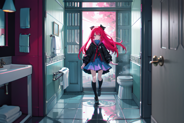 highly insanely detailed, masterpiece, top quality, best quality, highres, 4k, 8k, RAW photo, (very aesthetic, beautiful and aesthetic),  
(rsef style,fevercell style),vivid_colors,motion_blur,mystical_vibes,psychedelic_art,cybernetic_elements,chromatic_aberration,digital_aesthetics,futuristic_design,dynamic_composition, 
<lora:rsef-000225:0.3>, 
(1girl:1.3), 
1other, 
military flightsuit, 
, 
, 
, 
bathroom with bath,handrails,window,mirror,toilet,door,faucet,bath stool,sponge,soap, 
scenery,âââ