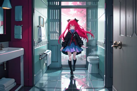 highly insanely detailed, masterpiece, top quality, best quality, highres, 4k, 8k, RAW photo, (very aesthetic, beautiful and aesthetic),  
(rsef style,fevercell style),vivid_colors,motion_blur,mystical_vibes,psychedelic_art,cybernetic_elements,chromatic_aberration,digital_aesthetics,futuristic_design,dynamic_composition, 
<lora:rsef-000225:0.3>, 
(1girl:1.3), 
1other, 
military flightsuit, 
, 
, 
, 
bathroom with bath,handrails,window,mirror,toilet,door,faucet,bath stool,sponge,soap, 
scenery,âââ