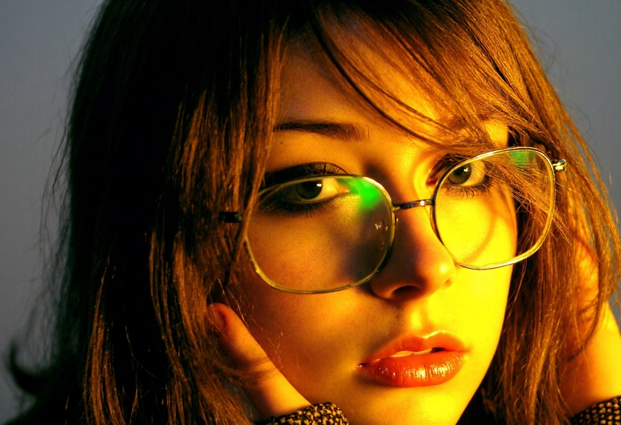 extreme close-up portrait of a teen girl, Eastern European woman, light skin, styled with crimped hair cascading down her shoulders, adding playful texture and volume, subtle center-parted bangs framing her face. She is wearing thin, rectangular metal-framed glasses typical of early 2000s fashion, glossy nude lips, lightly flushed cheeks, and thin, arched eyebrows that emphasize her delicate facial features. Her expression is self-assured and composed, with her gaze slightly off-camera. bright soft lighting highlighting her facial features, glasses, and textured hair, capturing the vibrant and stylish essence of early 2000s trends. strands falling across face, slight off-center position to the left of the frame, body slightly turned toward viewer, golden lighting emphasizing facial features, soft glow around eyes and cheekbones, subtle shadows on parts of face, dark-grey out-of-focus background, soft intimate melancholic atmosphere