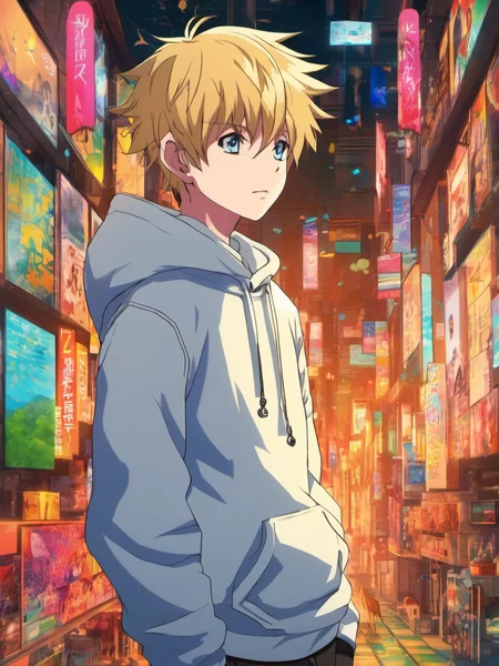 anime artwork a young boy Leon Raymond, blonde hair, blue eyes, complex background, dystopia, wearing a white hoodie, long sleeves, indoor, (detailed background,dark fantasy), depth of field,black light particles, symbol-shaped_pupils, 11 years old, solo, 1boy, (full body), <lora:Leon Raymond v1:0.8>, long sleeves, hoodie, 8k, uhd, (masterpiece, best quality, ultra-detailed, best shadow) . anime style, key visual, vibrant, studio anime, highly detailed