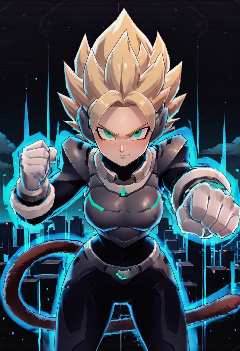 masterpiece, best quality,    (zzCodeV, 1girl, big breasts, wide hips, bodysuit, neon trim, armor, black bodysuit, dynamic pose:1), night, stars, cyberpunk, city,    looking at viewer, leaning forward, incoming attack, fist,   <lora:CodeVSnG_IXL:1.0>,   dbzhyp3AAG, solo, blonde hair, gloves, closed mouth, green eyes, standing, tail, outdoors, sky, day, cloud, white gloves, armor, bodysuit, spiked hair, aura, super saiyan, monkey tail, saiyan armor, , , <lora:DragonballHype_IXL:0.5>,  <lora:IckpotIXL_v1:0.5>,