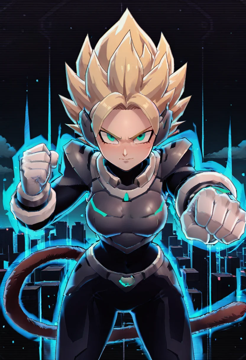 masterpiece, best quality,    (zzCodeV, 1girl, big breasts, wide hips, bodysuit, neon trim, armor, black bodysuit, dynamic pose:1), night, stars, cyberpunk, city,    looking at viewer, leaning forward, incoming attack, fist,   <lora:CodeVSnG_IXL:1.0>,   dbzhyp3AAG, solo, blonde hair, gloves, closed mouth, green eyes, standing, tail, outdoors, sky, day, cloud, white gloves, armor, bodysuit, spiked hair, aura, super saiyan, monkey tail, saiyan armor, , , <lora:DragonballHype_IXL:0.5>,  <lora:IckpotIXL_v1:0.5>,