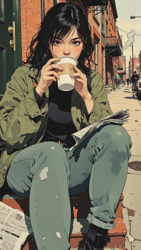 pingtu style, Realistic comic-style illustration of a young woman sitting on the steps of a brownstone apartment, sipping coffee from a paper cup. Her tousled hair falls over her shoulders, a few strands catching the morning light as she pulls her oversized jacket tighter against the crisp air. A half-read newspaper rests beside her, its pages slightly crumpled. In the background, the city slowly wakesâbicycles passing, steam rising from a street vent, muted conversations drifting through the air. Her eyes are distant, lost in thought, as she absentmindedly traces the rim of her cup. Bold comic-style linework, rich textures, expressive cross-hatching, warm, natural color palette, blending realism with graphic novel aesthetics <lora:RM_Illustrify_v1.0M:0.6> <lora:illustration:0.8> <lora:Comic_Style_-_FLUX:0.2>