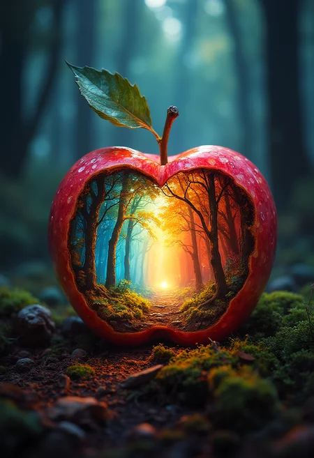 A hidden world inside an Apple on the forest ground, vibrant glow