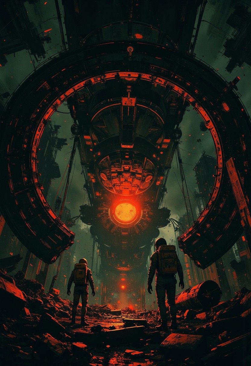 Two astronauts in spacesuits float in dark space inside a massive, dilapidated structure that looks like a giant ring or mechanism. At the center of this structure is a brightly glowing source of red light, surrounded by metal structures and debris. The atmosphere is disturbing and gloomy, with a sense of abandonment and danger coming from a destroyed space object