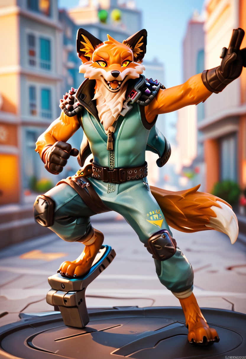 score_9, score_8_up, score_7_up, best quality, highres, 1boy, fennix, fortnite, anthro, furry, city, happy, full body, action pose, detailed background, looking at viewer, <lora:Fennix_Fortnite:1>