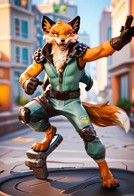 score_9, score_8_up, score_7_up, best quality, highres, 1boy, fennix, fortnite, anthro, furry, city, happy, full body, action pose, detailed background, looking at viewer, <lora:Fennix_Fortnite:1>