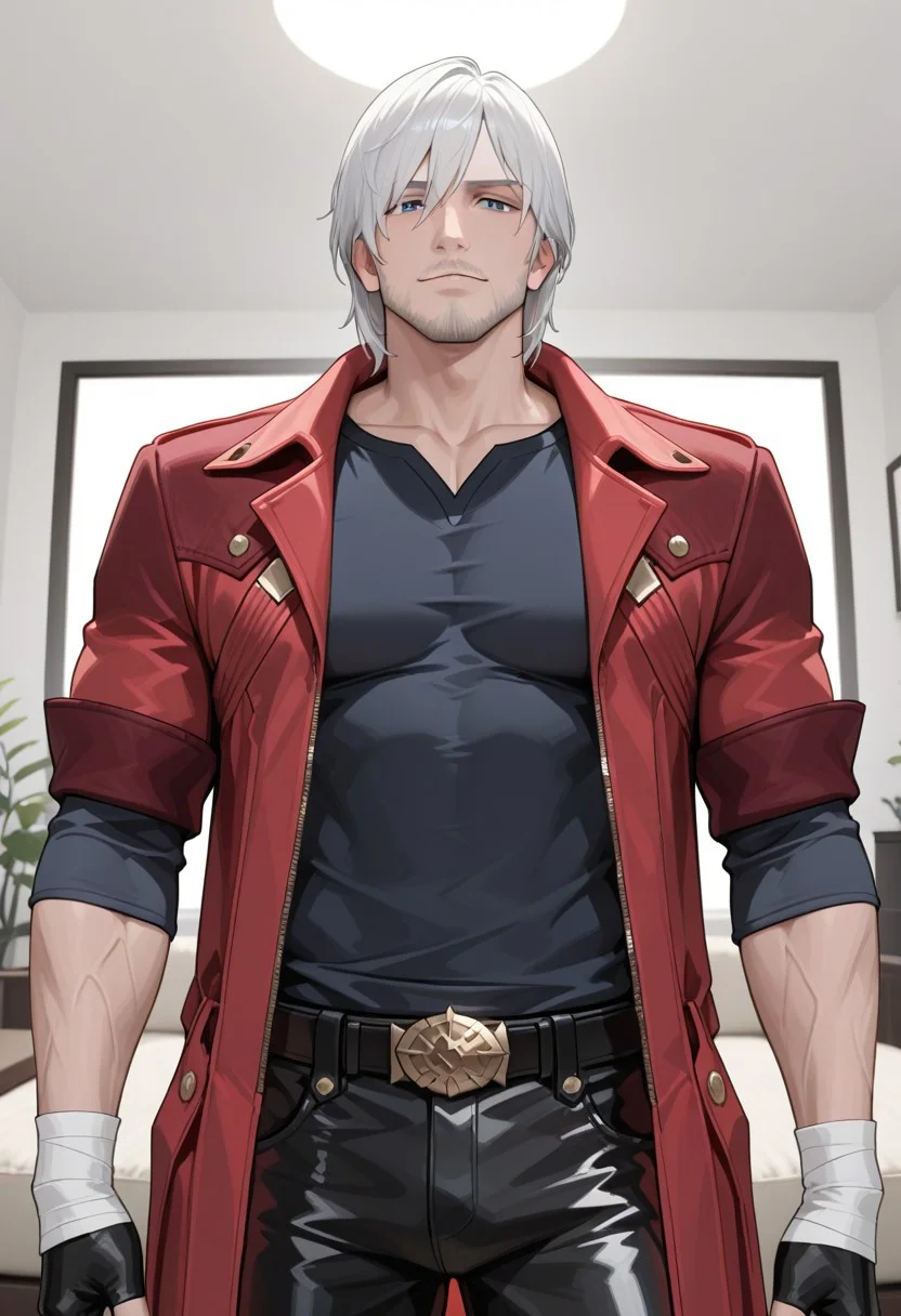 <lora:Dante DMC 4:1> [masterpiece, best quality, newest, hdr, 1boy, da4e3, white hair, blue eyes, mature man, facial hair, beard stubble, veins, male focus, Dark blue t-shirt with rolled-up sleeves, black leather pants, belt, buckle with gold details, medium pectorals, seductive expression, looking at viewer, living room, hair on the body, sexy pose, worn red trench coat, bandages on both wrists, black fingerless gloves]