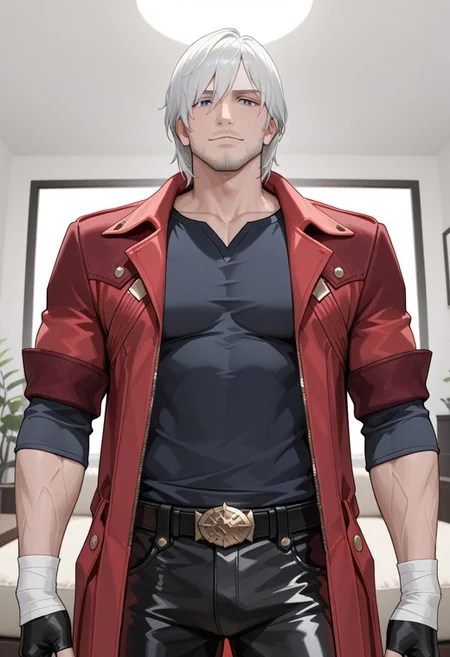 <lora:Dante DMC 4:1> [masterpiece, best quality, newest, hdr, 1boy, da4e3, white hair, blue eyes, mature man, facial hair, beard stubble, veins, male focus, Dark blue t-shirt with rolled-up sleeves, black leather pants, belt, buckle with gold details, medium pectorals, seductive expression, looking at viewer, living room, hair on the body, sexy pose, worn red trench coat, bandages on both wrists, black fingerless gloves]