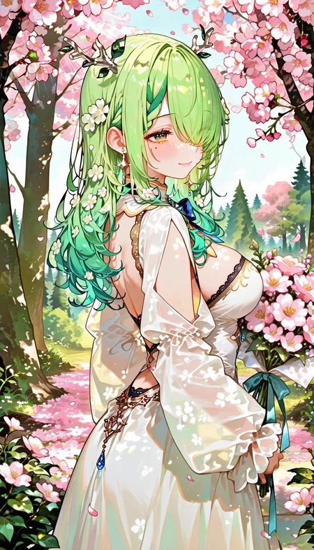 1girl,ceresfauna,hololive,
antlers,Backcutout,bouquet,breasts,Closed_mouth,clothing_cutout,Day,detached_collar,dress,falling_petals,flower,from_side,gradient_hair,green_hair,hair_flower,Hair_ornament,hair_over_one_eye,Horns,large_breasts,lightsmile,long_bangs,longhair,tree,mole_under_eye,bouquet,forest,body-shape,Cherry blossoms,
masterpiece, best quality, amazing quality, very aesthetic, absurdres, detailed background, detailed foreground, detailed eyes, detailed clothing, detailed hair, detailed shading