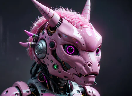 scifi photoshot, pink fluffy alien unicorn species head cyborg close-up, highly detailed, electrical components, sad, fluffy, looking viewer, clean <lora:alien-species:1>