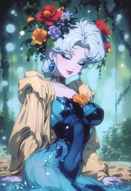 score_9, score_8_up, score_7_up, rating_explicit, 1person By bad artist, pixar style, kind smile, magical particle, smal bokeh, fine mist, anime, seductive look, enchanted, sparkling water, ((concept art style)), glass shards, anthropomorphic, beautiful flower, ring of fire, 1990s \(style\), fHandDetail,