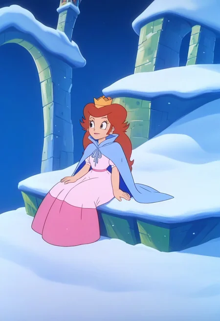 (source_anime, score_9, score_8_up, score_7_up:1), 
best quality, masterpiece, amazing quality, very aesthetic, absurdres, 
1girl, solo, 
sitting, 
smbss_toadstool, 
cape, 
looking to the side, 
outdoors, snow