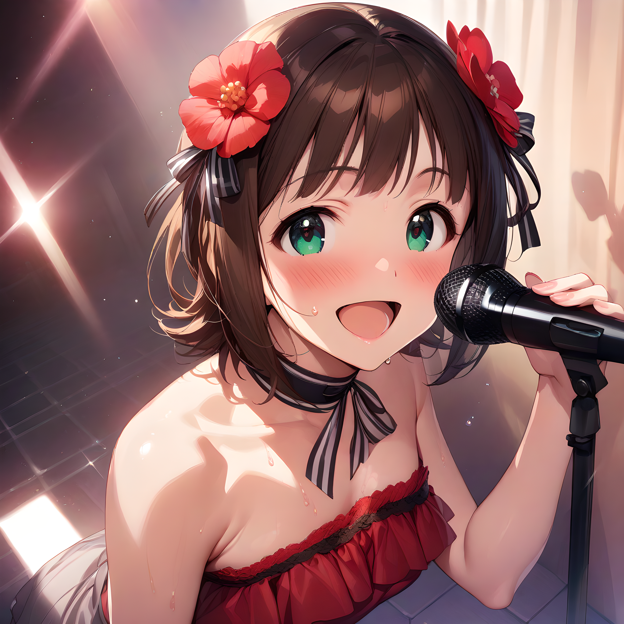 (masterpiece),(best quality),(ultra-detailed),(best illustration),(best shadow),(absurdres),(detailed background),(very aesthetic), haruka_amami, 1girl, solo, microphone, brown hair, open mouth, smile, hair ornament, flower, sweat, short hair, hair flower, blush, hair ribbon, ribbon, looking at viewer, green eyes, <lora:XL-HarukaAmami:1>